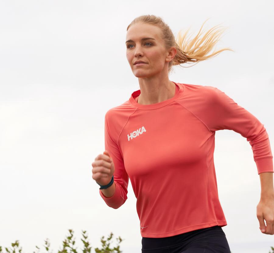 Hoka Australia One One Performance 3/4 Sleeve - Womens Tops Orange - HYFGZ-2863